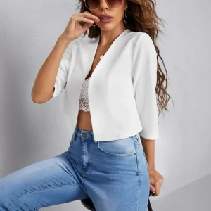 Women Short Top Cardigan V Neck Half Sleeve Coats Streetwear Spliced Solid Casual Elegant Jackets Office Lady Summer 2025